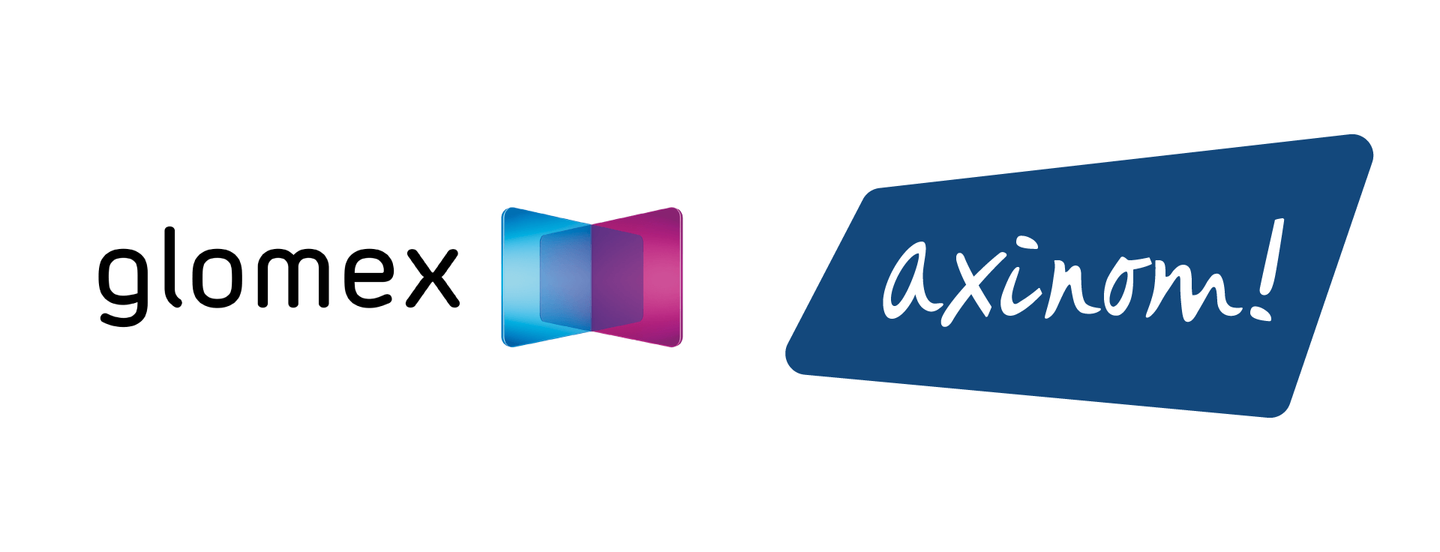 The glomex and Axinom logos side by side.
